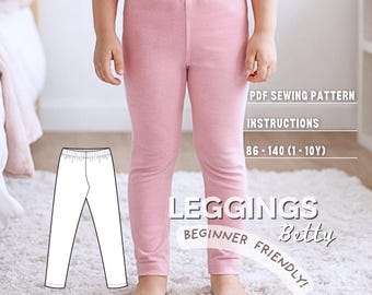 Patrón de costura de leggings para niños, descarga pantalones fáciles de imprimir en PDF, tutorial de costura de ropa de diario para niños pequeños para principiantes.