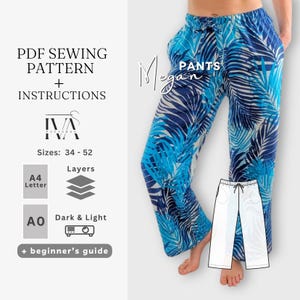 Womens Pants Sewing Pattern, Loose Wide Leg Linen Trousers with Pockets, Download Easy Printable Beginner Friendly PDF with Instructions