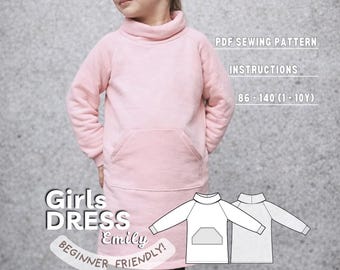 Girls Sweatshirt Dress Sewing Pattern with Turtleneck & Pockets, Beginner Friendly Project (PDF Download)