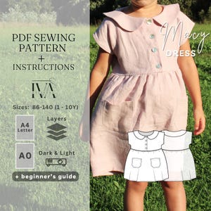 Summer Dress Sewing Pattern for Girl, Download Easy Printable PDF file for Children, Toddler Linen Clothing with Pockets for Beginners