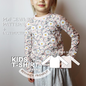 PDF-Schnittmuster für ein langärmeliges T-Shirt für Mädchen oder Jungen, einfach herunterzuladende, druckbare PDF-Datei für Kinder, Basic-Kleidung für Kleinkinder, DIY-Nähprojekt für Anfänger