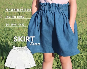 Patron de couture de jupes pour filles avec poches : vêtements simples et basiques pour tout-petits pour débutants (téléchargement PDF A4/Lettre/A1/fichier projecteur)