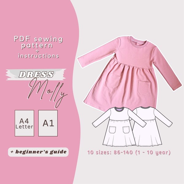 Patron de couture de robe pour fille, téléchargement facile au format PDF imprimable pour enfants, créations manuelles à manches longues pour tout-petits pour les débutants