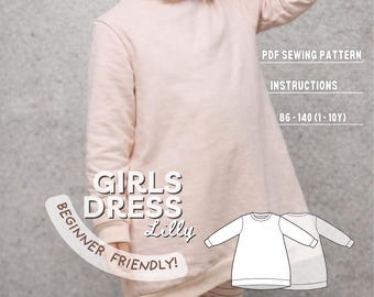 Sweatshirt Dress Sewing Pattern for Girl, Toddler Easy Long Sleeved Everyday Tunic DIY for Beginners, Download Printable PDF for Children