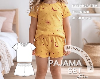 Pajama Set PDF Sewing Pattern for Girl or Boy, Download Easy Printable PDF Tutorial, Toddler Unisex Basic Short Lounge Set Beginner Friendly