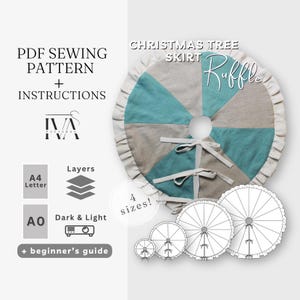 May include: A PDF sewing pattern for a Christmas tree skirt with a ruffle design. The skirt is pieced with teal and gray fabric and has white ribbon ties. The image includes the text "Ruffle" and "4 sizes!" along with instructions and pattern size options.