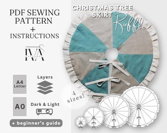 May include: A PDF sewing pattern for a Christmas tree skirt with a ruffle design. The skirt is pieced with teal and gray fabric and has white ribbon ties. The image includes the text "Ruffle" and "4 sizes!" along with instructions and pattern size options.