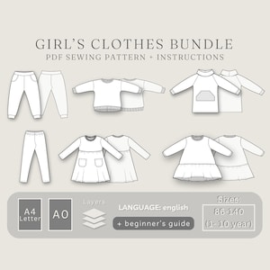 Kids Sewing Pattern Bundle of Pants, Leggings, Sweatshirt and Dresses, Simple DIY Clothes PDF Sewing Tutorial Instant Download for Beginners
