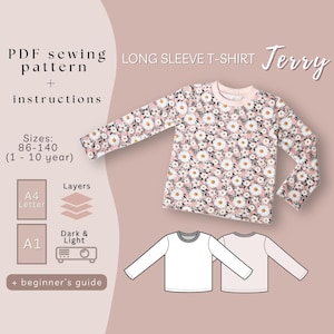 Patron de couture PDF pour t-shirt à manches longues pour fille ou garçon, téléchargement facile au format PDF imprimable pour les enfants, vêtements de base pour tout-petits, couture à faire soi-même pour les débutants