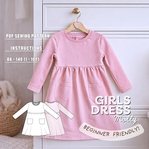 Patrón de costura para vestido de niña, descarga un PDF imprimible fácil para niños, patrón de manga larga para ropa de uso diario para principiantes.