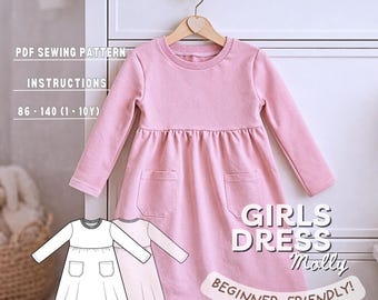 Dress Sewing Pattern for Girl, Download Easy Printable PDF for Children, Toddler Long Sleeved Everyday Wear Crafting for Beginners
