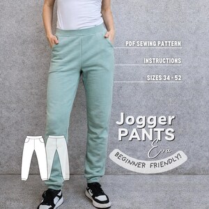 Women Pants Sewing Pattern, Basic Jogger Sweatpants Tutorial Instructions: Beginner Friendly PDF (Sizes 34-52)