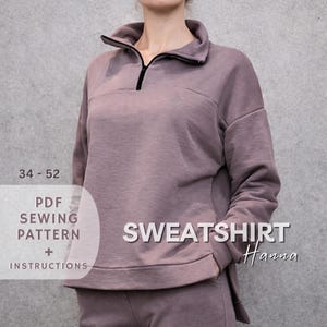 Women’s Sweatshirt Sewing Pattern, Lounge Pullover with High Zipper Collar Pattern Instant Download PDF