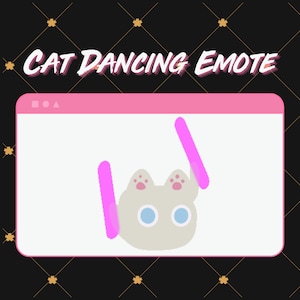 Puede incluir: Un gato blanco con orejas rosas y ojos azules está bailando con dos barras luminosas rosas en una ventana de computadora. El texto "CAT DANCING EMOTE" está por encima de la ventana.