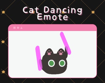 May include: A black cat with green eyes is dancing in a pink computer window. The cat is holding two pink glow sticks in its paws. The text "Cat Dancing Emote" is above the window.