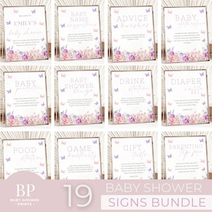 Schmetterling Baby Shower Sign Bundle, Baby In Bloom Schilder, Lila Rosa Schmetterling Willkommensschild, Mädchen Gender Reveal Schilder, Schild Vorlage B105