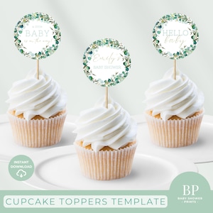 Sage Green Eucalyptus Baby Shower Cupcake Toppers (Digital Download) B106