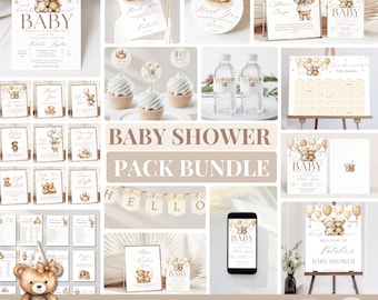 Babyshowerpakket 'We Can Bearly Wait', neutrale teddybeerspelletjes en -bordjes, boho-ballondecoratiepakket, bewerkbaar Canva B101