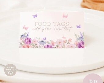 Etiquetas para comida de baby shower con diseño de mariposas, etiquetas para buffet, tarjetas de mesa, decoración floral rosa y morado para niña, plantilla editable de Canva B105