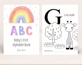 Rainbow Baby Shower ABC Coloring Book Printable, Baby's First Alphabet Book Activity Guestbook, Editable Sign Canva B104