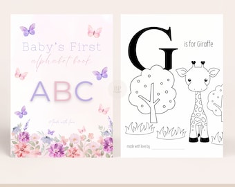 Baby Shower ABC Coloring Book, Baby's First ABC Book Sign, Baby In Bloom Activity, Butterfly Theme, Digital Download B104