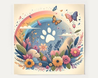 Dog Loss Sympathy Card | 5.5x5.5 inch Square Card | Pet Death, Memorial, Bereavement and Remembrance Gift | Rainbow | Paw Print | Butterfly