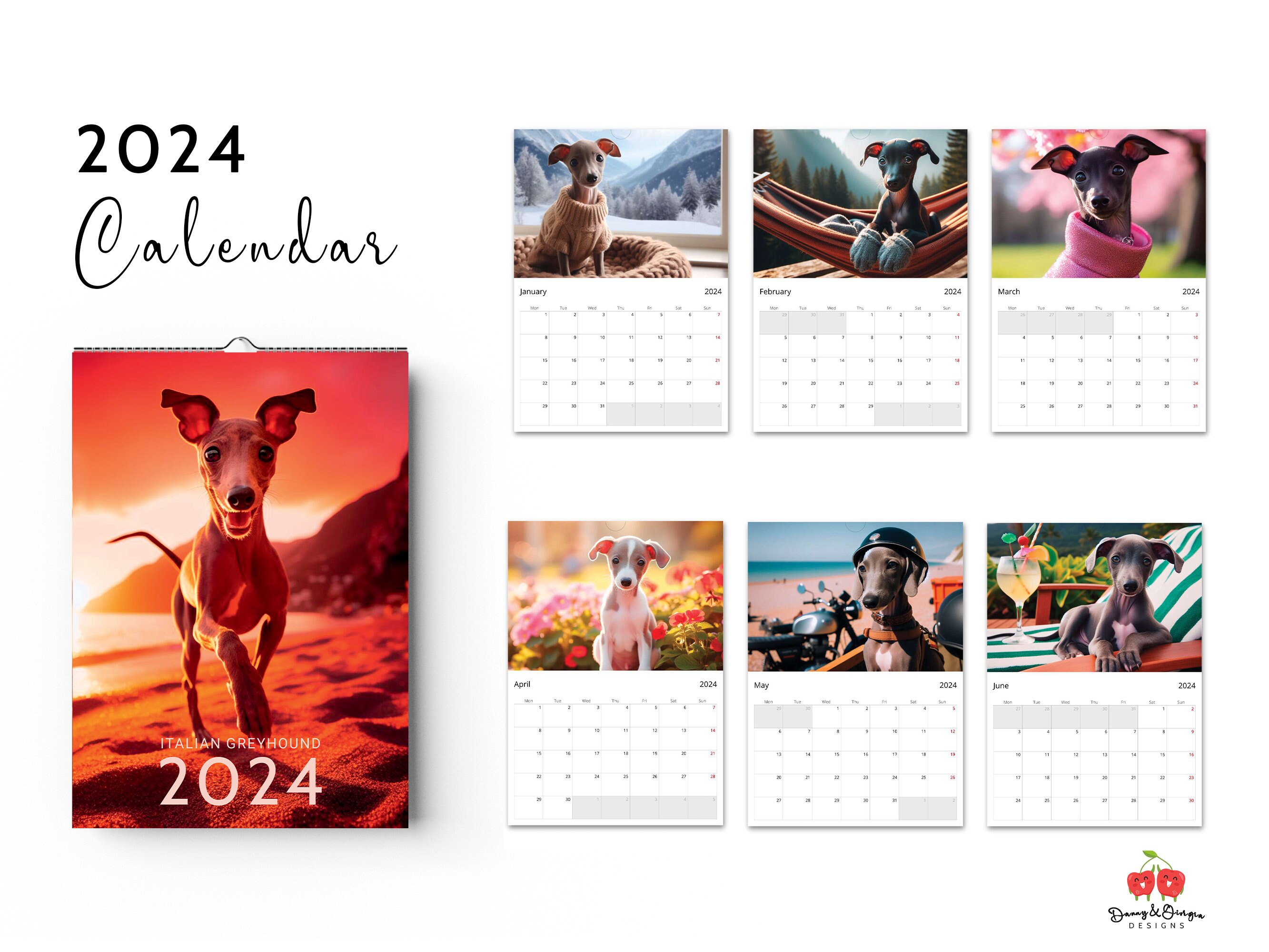 Italian Greyhound Calendar 2024 A4 Wall Planner Best Adorable Cute Dog