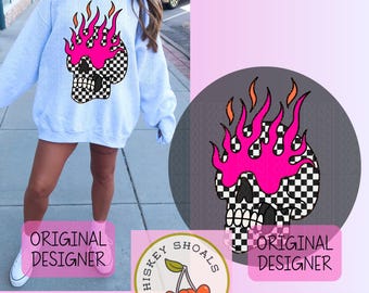 Retro Skeleton PNG: Checkered Halloween Skull Design (Digital Download)