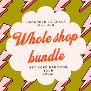 Peut inclure: Image promotionnelle sur fond vert avec des &eacute;clairs roses et orange. Le texte central, "Whole shop bundle", est &eacute;crit en orange dans une forme de nuage. Le texte suppl&eacute;mentaire invite &agrave; "GET MORE BANG FOR YOUR BUCK!" (Obtenez plus pour votre argent !).