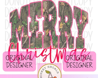 May include: A digital design with the words "MERRY CHRISTMAS" in a camouflage pattern, outlined in pink. Below, the words "Christmas" are written in a cursive pink font. The design includes the text "ORIGINAL DESIGNER" and a logo with cherries.