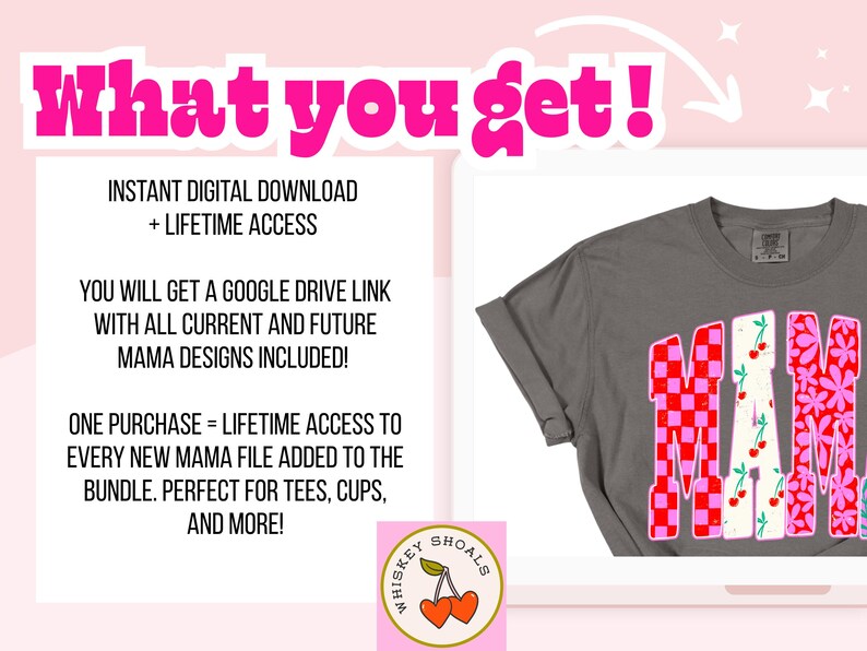 May include: A gray t-shirt with the word "MAMA" in a colorful design. The design includes red checkered patterns, cherries, and floral patterns. The image also includes text that says "What you get!" and "Instant Digital Download + Lifetime Access".