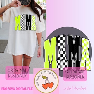 May include: Cream-colored oversized t-shirt with the word "MAMA" in a bold, checkered design. The letters are outlined in neon green, with black and white checkered patterns filling the letters. The shirt is part of a digital file.