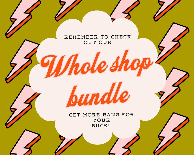 May include: An image with a green background featuring pink and orange lightning bolts. The text in the center reads "Whole shop bundle" in orange script, with additional text above and below.
