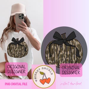 May include: White t-shirt featuring a pumpkin design with a camouflage pattern and a black bow. The design is also shown as a digital graphic. The text "ORIGINAL DESIGNER" and "PNG DIGITAL FILE" are also visible.