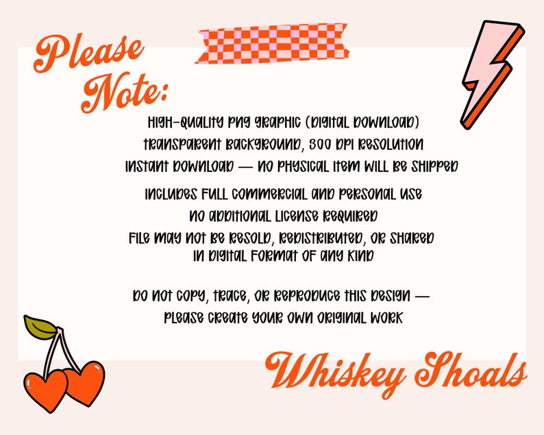 Puede incluir: Gr&aacute;fico digital con el texto "Please Note:" y "Whiskey Shoals". El dise&ntilde;o incluye un rayo, cerezas y un dise&ntilde;o de cinta a cuadros. El texto detalla las caracter&iacute;sticas de la descarga digital.