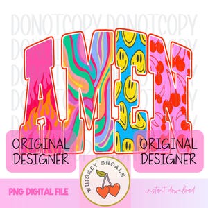 Puede incluir: Dise&ntilde;o digital con la palabra "AMEN" en letras coloridas. La "A" es rosa con llamas naranjas, la "M" tiene un patr&oacute;n de remolino psicod&eacute;lico, la "E" tiene caras sonrientes amarillas sobre azul y la "N" es rosa con cerezas rojas.