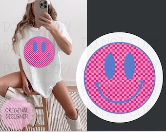 Checkered Retro Smile Face PNG: Distressed Groovy Sublimation File (Digital Download)