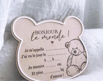 Wooden birth plaque – Baby teddy bear decoration – Welcome to the world – Birth keepsake – Baby gift