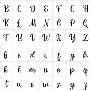 May include: A font alphabet chart with uppercase and lowercase letters in a cursive style.