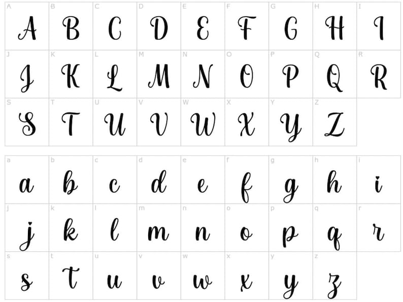 May include: A font alphabet chart with uppercase and lowercase letters in a cursive style.
