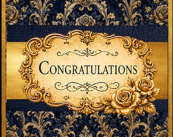 Tarjeta de felicitación de lujo, elegante tarjeta de felicitación en negro y dorado, felicitación por logro o graduación, tarjeta de ascenso, felicitación genérica.