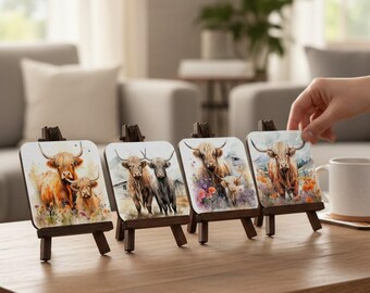 Highland Cow Ceramic Coaster Set | Rustic Farmhouse Drink Coasters | Country Cottage Decor | Scottish Cow  | Floral Cow Coasters | Set of 4