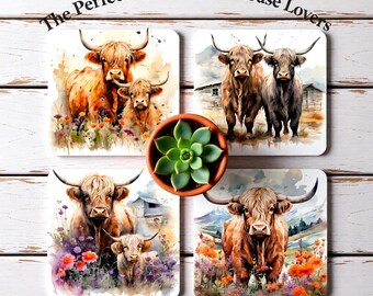 Highland Cow Ceramic Coaster Set | Rustic Farmhouse Drink Coasters | Country Cottage Decor | Scottish Cow  | Floral Cow Coasters | Set of 4