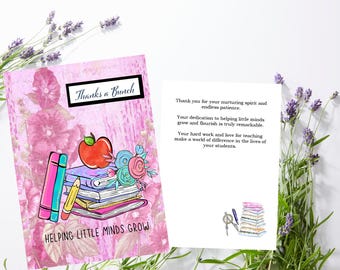 Teacher Thank You Card, Helping Little Minds Grow, Appreciation Gift, Books Flowers Apple Design