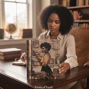 May include: A decorative box with a vintage-style illustration of a woman in a library setting. The box features a detailed design with a woman in a tan blouse and black skirt. The text "Front of Vault" is visible on the box.