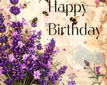 Tarjeta de feliz cumpleaños con diseño de abeja / Floral lavanda / Saludo botánico / Tarjeta inspirada en la naturaleza