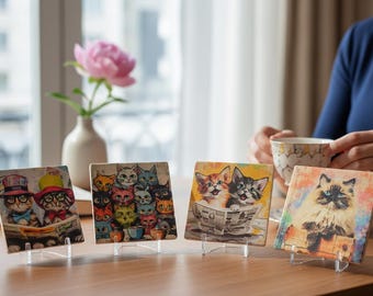 Artistic Cat Coaster Set | Whimsical Feline Drink Coasters
