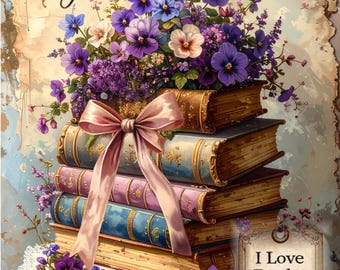 Tarjeta de cumpleaños literaria, pila de libros antiguos con motivos florales, felicitación caprichosa en acuarela (tarjeta de 5x7 pulgadas)