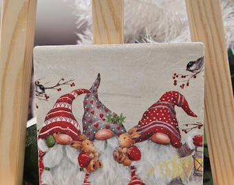 Christmas Gnome Ceramic Coaster Set – Handmade Decoupage, Set of 2, Winter Home Décor