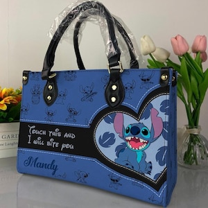 Bolso de mano de cuero personalizado de Lilo y Stitch de Disney, bolso de mano de Stitch para mujer, bolso de hombro, bolso bandolera vintage, bolso con asa superior